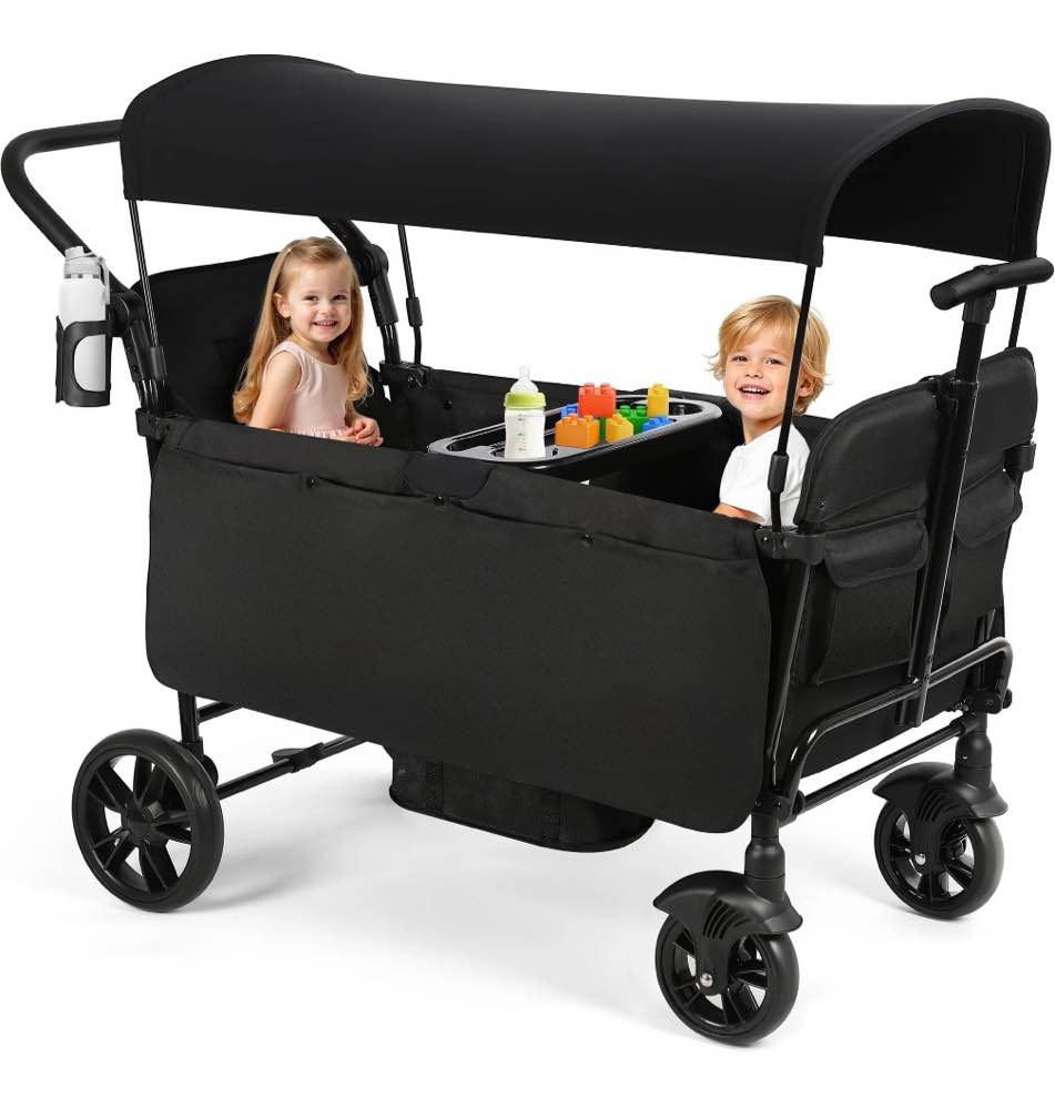 vomeast wagon stroller for kids,spacious 2-seater stroller wagon with adjustable canopy,pull & push handle,5-point harness,foldable for toddlers, black