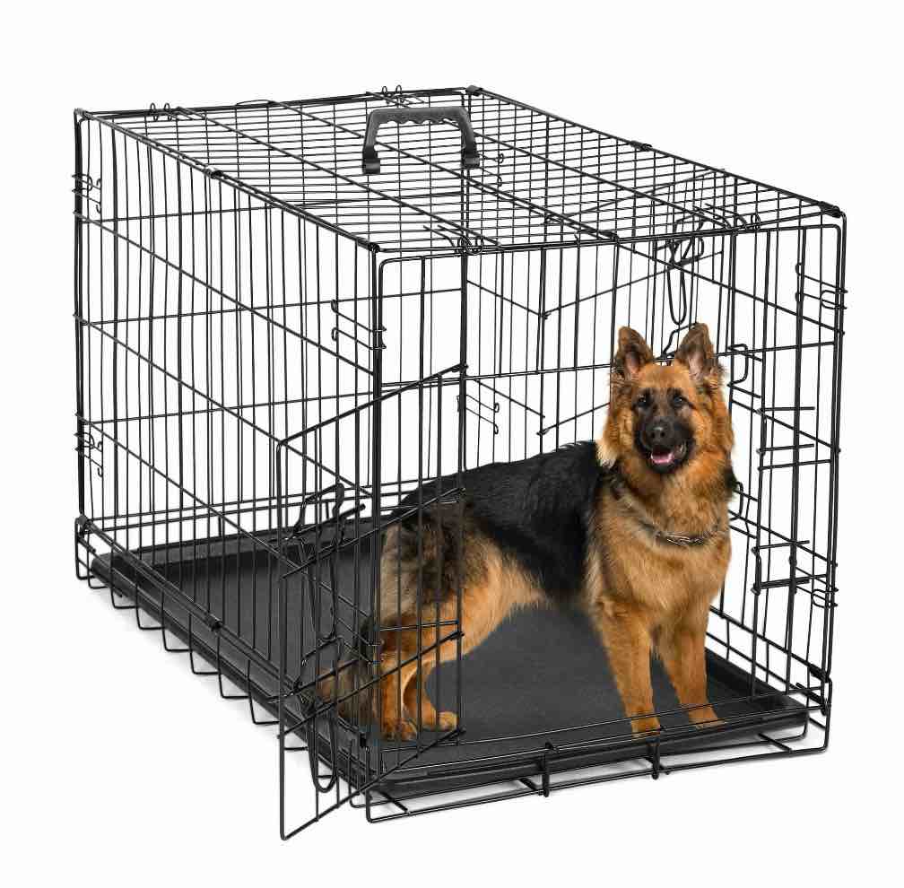 edx big dog crate with divider panel 48 inch double door folding metal wire dog cage with plastic leak-proof pan tray