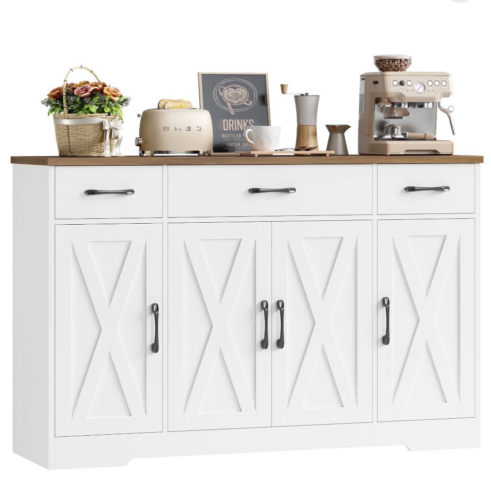 homfa buffet cabinet with 3 drawers and 4 doors, 55.1" w kitchen sideboard storage cabinet with adjustable shelves, farmhouse coffee bar cabinet for d