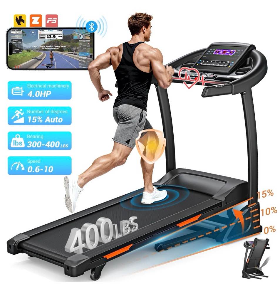 3.5hp folding treadmill 300lb capacity 15 levels auto incline treadmills for home running and walking max 10mph speed neche foldable eletreadmill running machine with app & bluetooth
