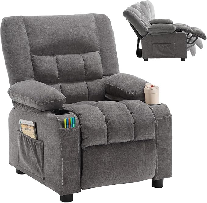 jonpony kids recliner chair? push back toddler recliner with cup holders & side pockets? adjustable footrest & headrest kids sofa for boys girls 3+ age group grey