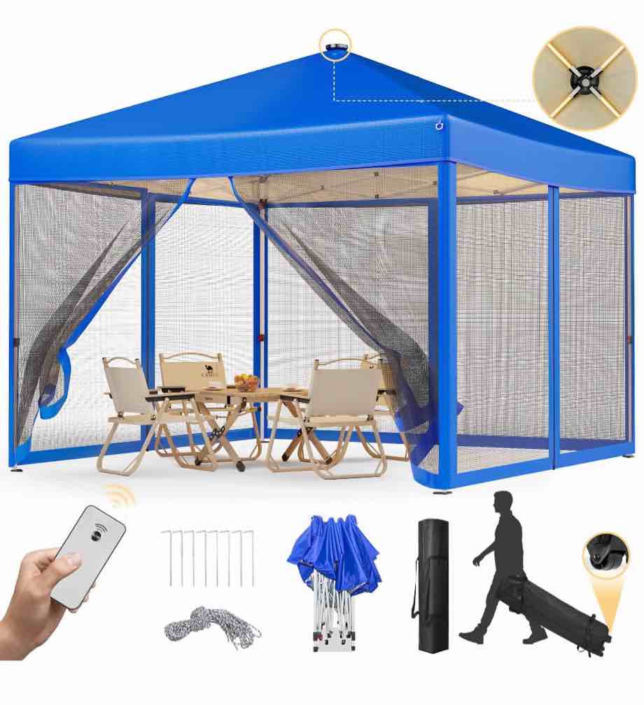 vecukty 10'x10' pop-up canopy tent with mesh sidewalls, led lights, waterproof outdoor shelter, blue