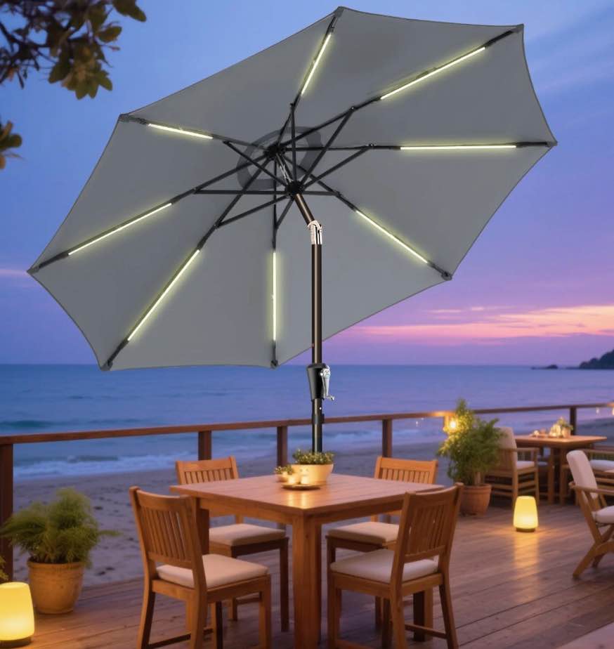 patbrela 9ft patio umbrella solar lighted outdoor umbrella with led strips, convenient crank lift system, for beach, gargen, yard, home, pool, dark green