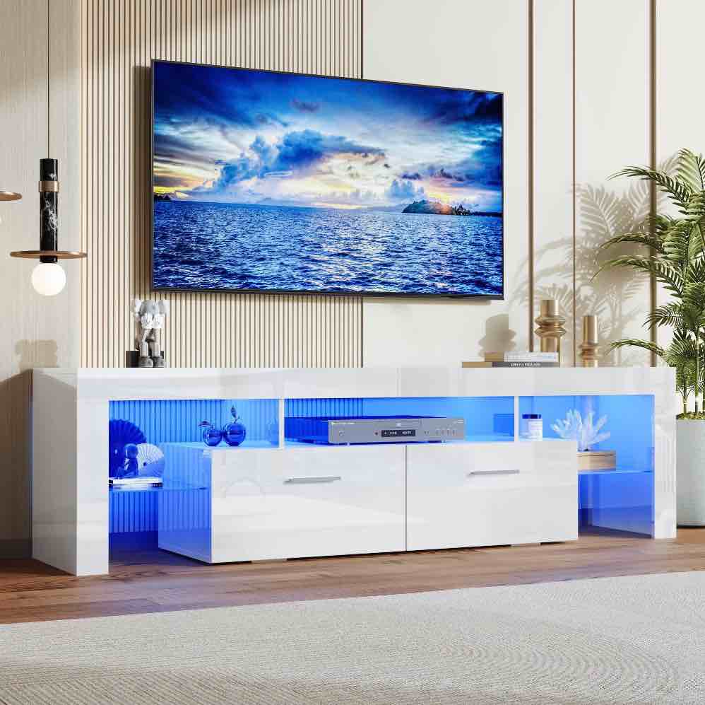 paproos tv stand for tvs up to 80", high gloss tv cabinet with led light, modern tv console table with storage drawers, media television stand entertainment center, white
