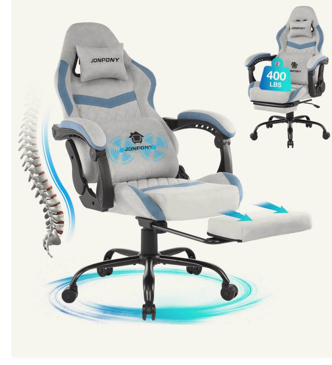 jonpony big and tall gaming chair, computer chair with footrest and massage lumbar support, height adjustable game chair with headrest and swivel seat?grey