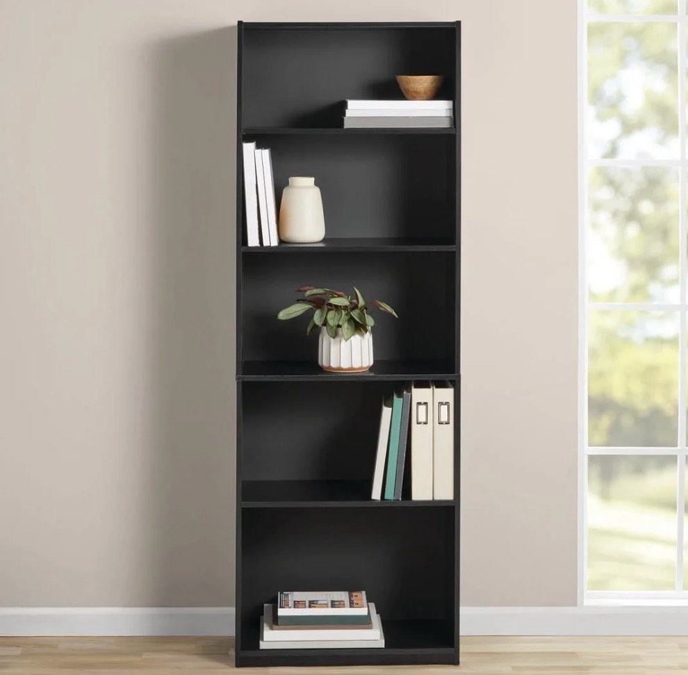 mainstays 5-shelf bookcase with adjustable shelves, true black oak