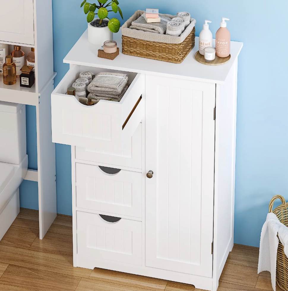 ktaxon wooden bathroom floor cabinet  side storage organizer with 4 drawers  1 cupboard & 2-shelves  white