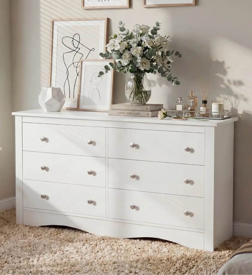 homall 52'' wide 6 drawer dresser for bedroom, modern wood chest of drawers, storage organizer for bedroom living room, white