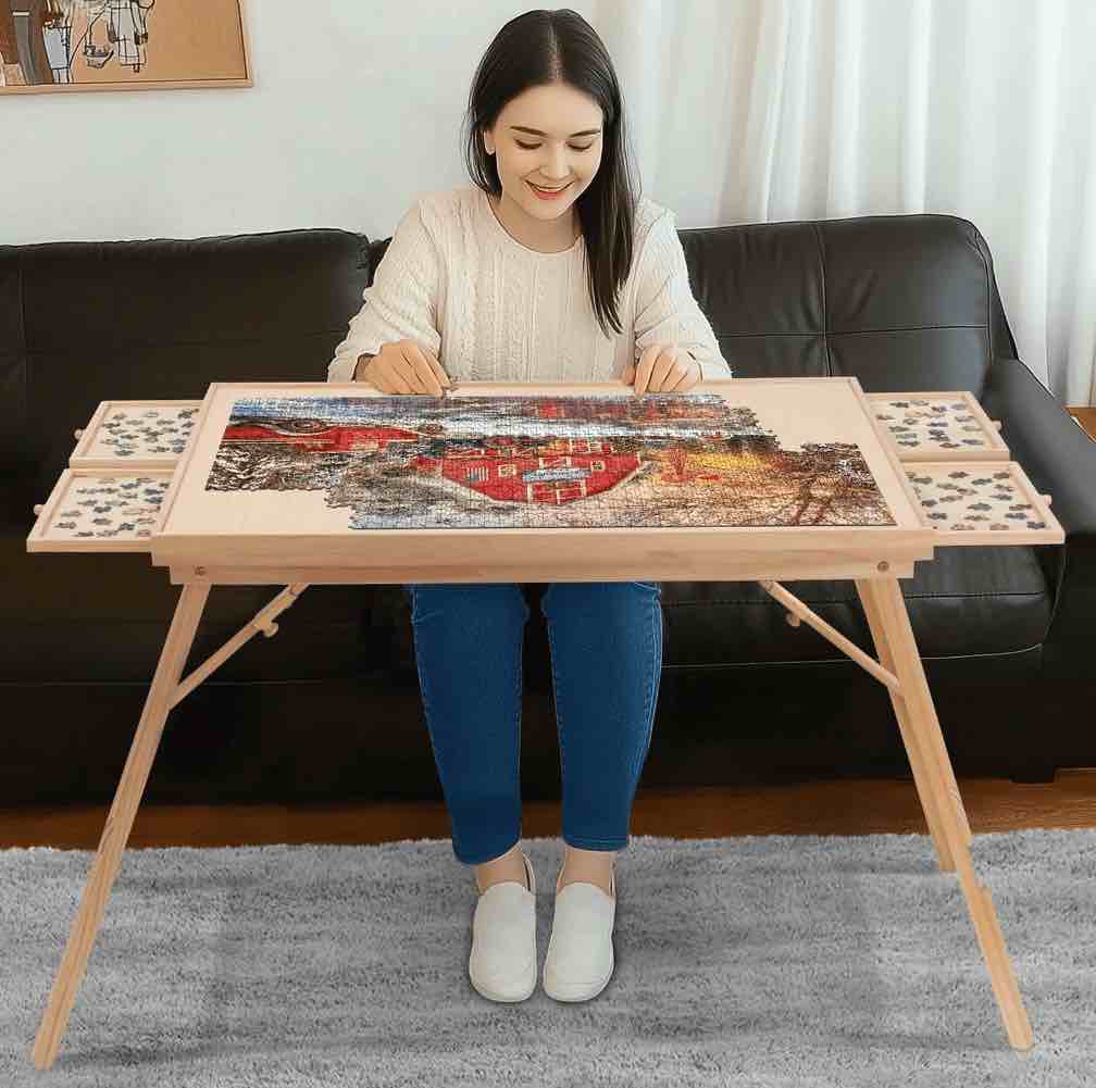 jolicasa 27.6"h wooden puzzle table for adults,1500pcs jigsaw puzzle board with 4 sorting drawers and translucent cover