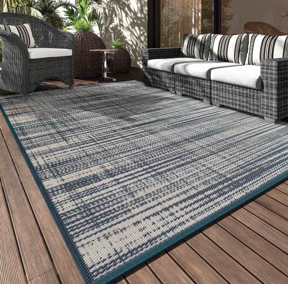 vunate outdoor rug carpet 9 x12  waterproof reversible patio rug portable modern abstract indoor outdoor rug plastic straw rug for rv camping garden picnic deck backyard porch decor teal and white