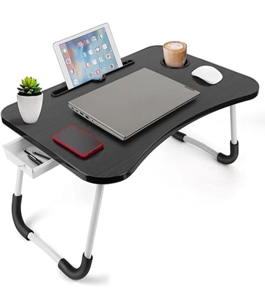 vinauo foldable lap desk 23.6in lap table bed tray lap desk with drawer cup holder and ipad slots portable wood breakfast bed trays foldable lap desk for working writing watching & eating black