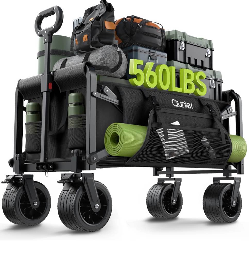 qunler 560lbs large collapsible folding wagon with oversized tank wheels, heavy duty big bucket utility garden cart with side pocket for sports, shopping, camping, kids, black