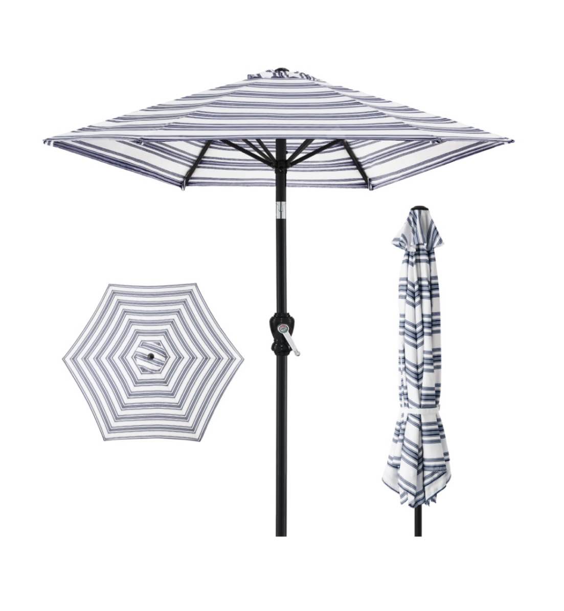 best choice products 10ft outdoor steel market patio umbrella w/ crank  tilt push button  6 ribs - striped navy blue