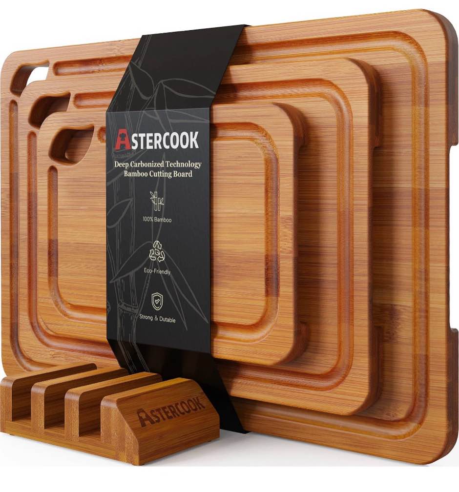 astercook 4-pieces wood cutting board bamboo chopping board for kitchen with holder cutting boards set with juice groove and handles charcuterie board for chopping meat vegetables and fruits