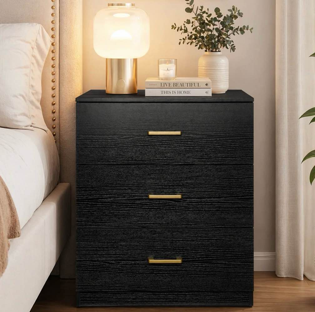 uhomepro nightstand, modern 3 drawer nightstand, black nightstand with gold handle, wooden side table storage cabinet unit for bedroom/living room/small space