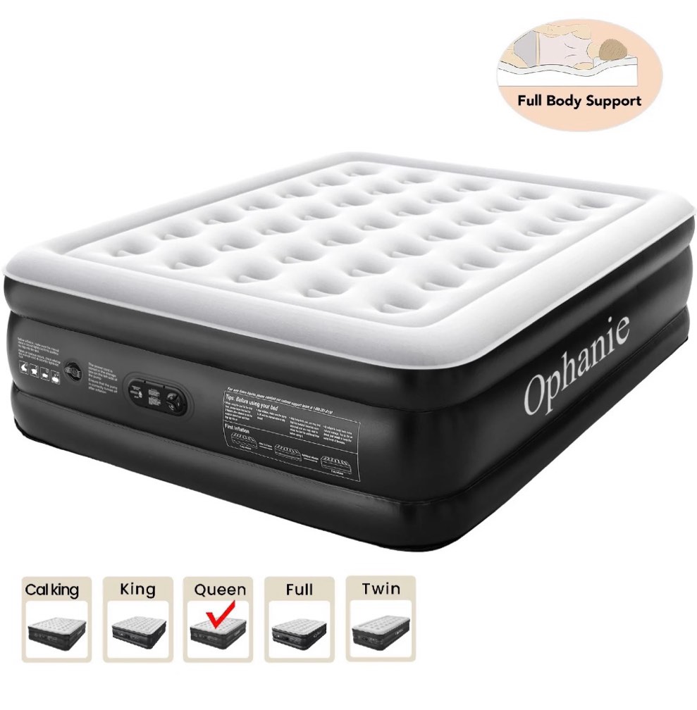 ophanie 18 inch high air mattress queen with built in pump  elevated quick inflation/deflation inflatable beds  high durability blow up mattresses for camping  indoor colchon  guests air bed  black