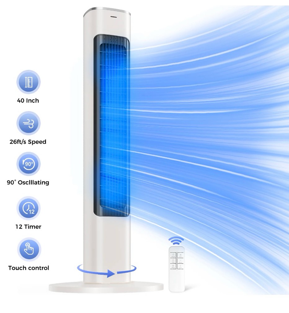 tower fan 40 electric fan for bedroom 90° oscillating stand fan with remote 4 speeds 26ft/s 12h timer 28db bladeless cooling fans for home