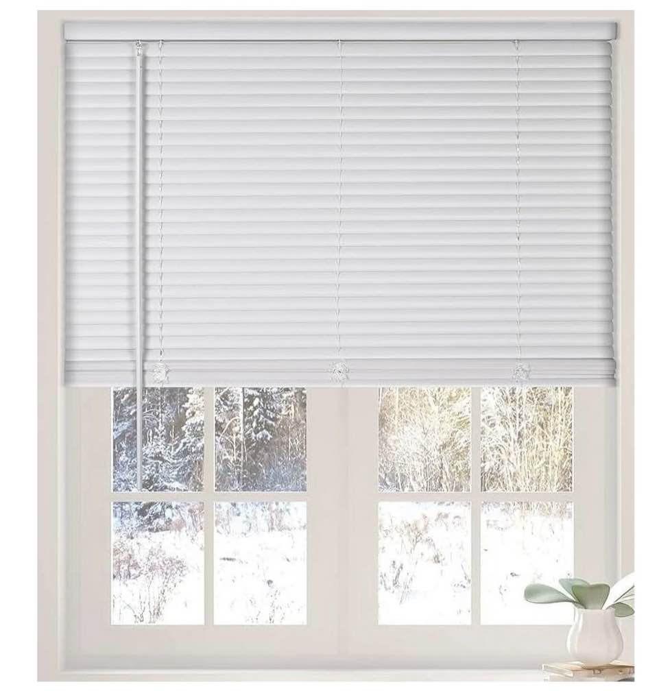 Calyx Interiors Cordless White 1” Light Filtering Mini Blinds 33.5 W x 60 H Window Blinds for Home  Vinyl horizontal blinds for indoor windows