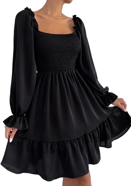 Womens Dress Casual Square Neck Shirred Flounce Sleeve Ruffle Hem Dress Short Dress XL 