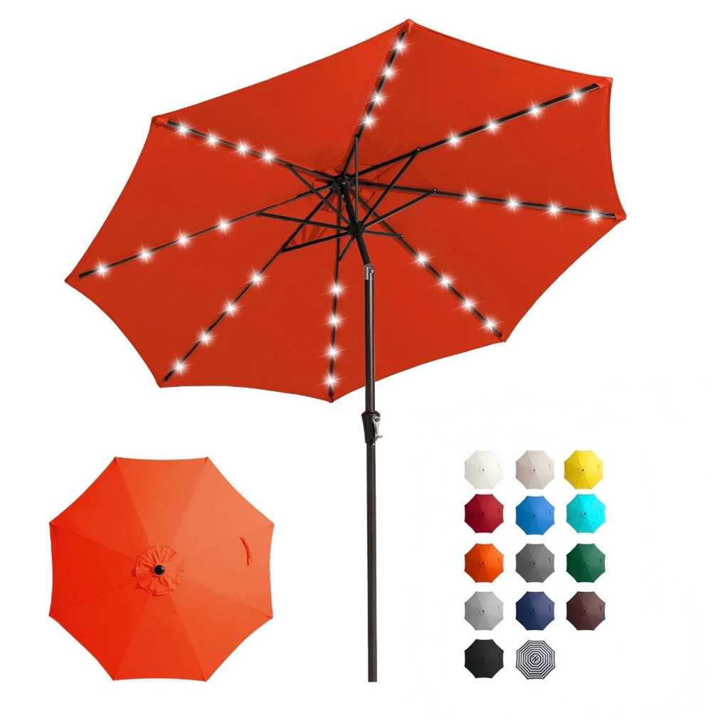 FUNDAZE 9FT Solar 32 LED Patio Umbrella w/ Tilt & Crank, 8 Sturdy Ribs, UV Protection Solution-Dyed Fabric, for Garden, Backyard, Deck & Patio, Orange