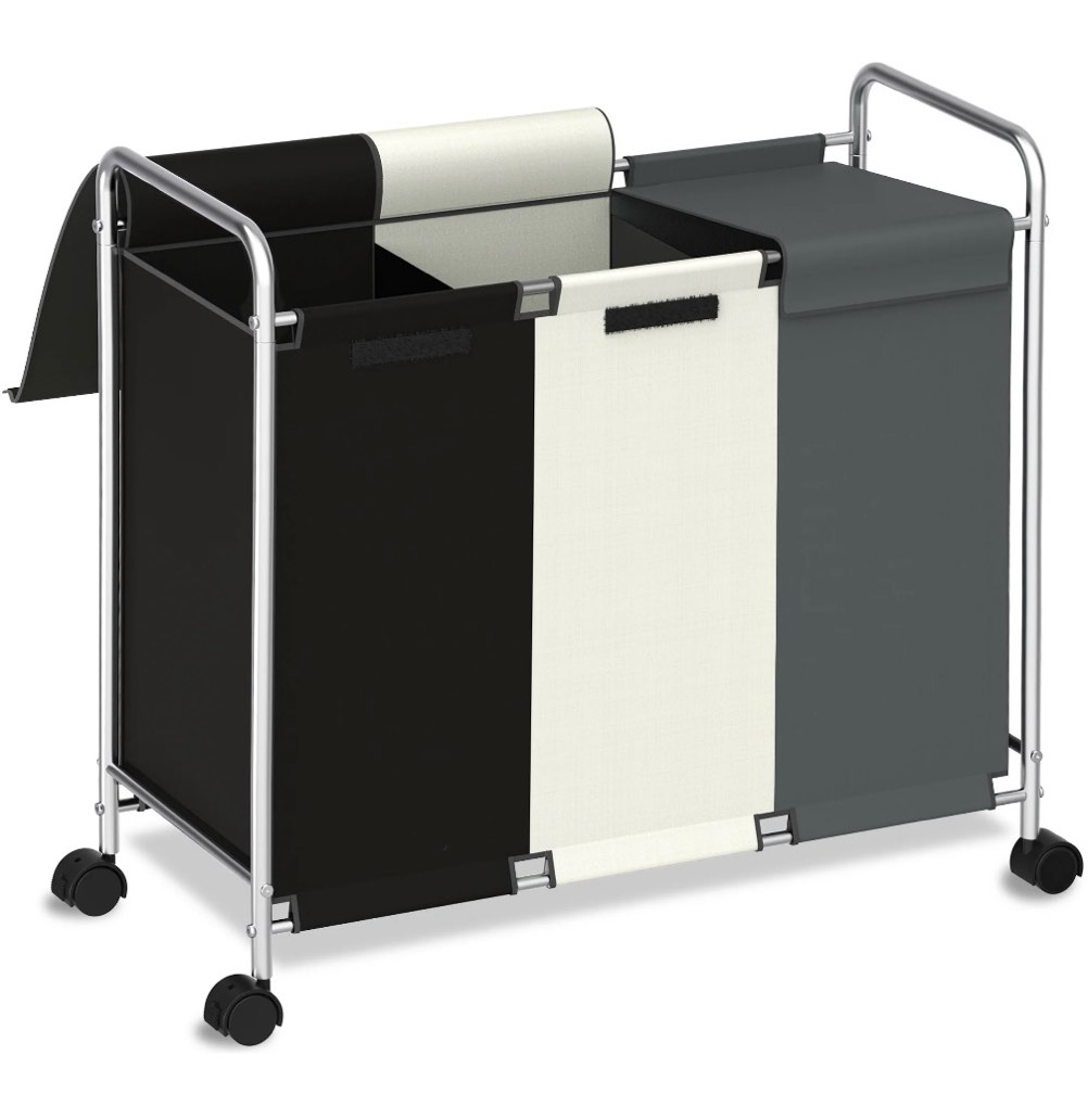 Nefoso 3 Section Laundry Hamper with Lid and Wheels, 150L Large Laundry Basket Sorter Cart with Handle, Clothes Storage, Multicolor