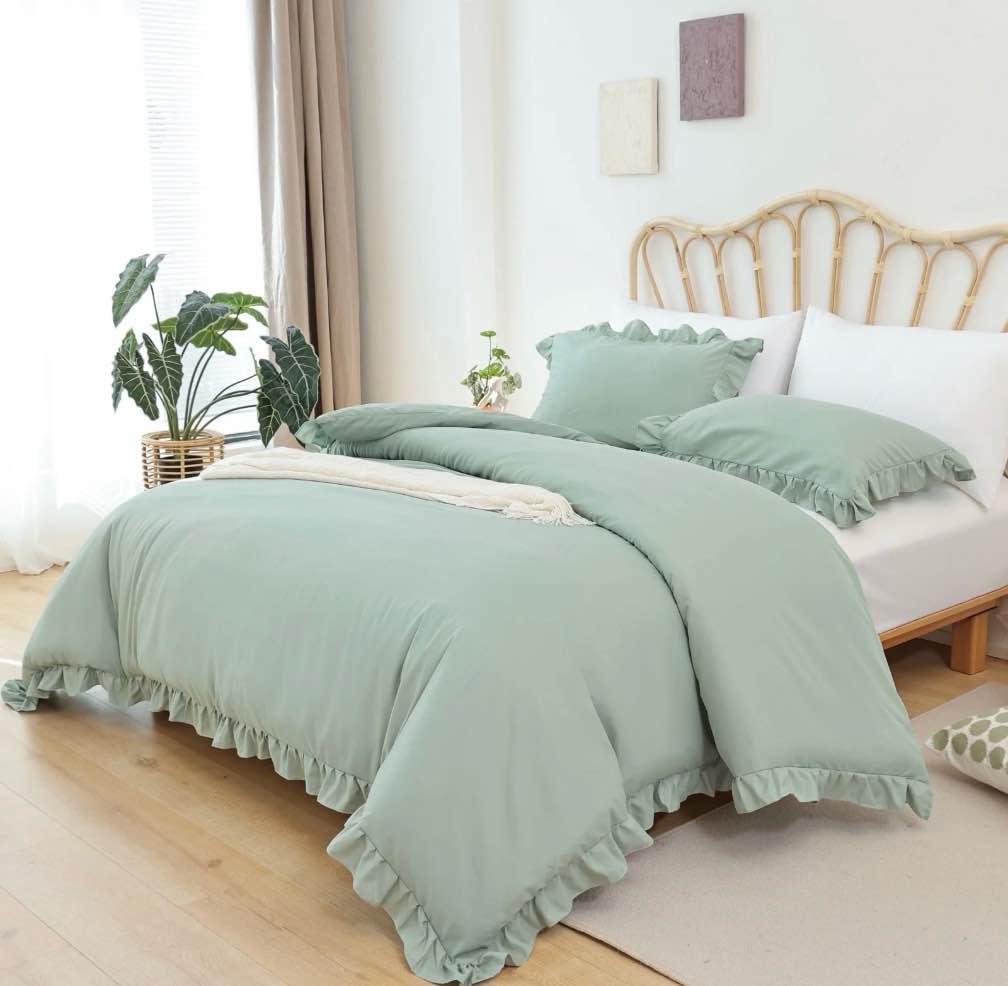 SPRINDAY King Size Comforter Set For Adult, 3 Piece Ruffle Green Bedding Comforter Set All Season