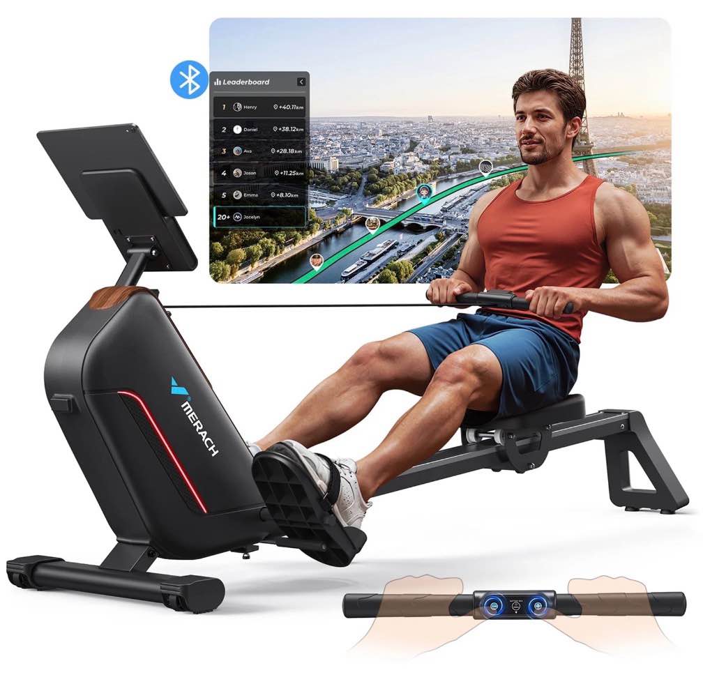 merach rowing machines for home, quiet row machine with 51.2" extended rail, 16-level powerful magnetic rower and 350 lbs weight capacity