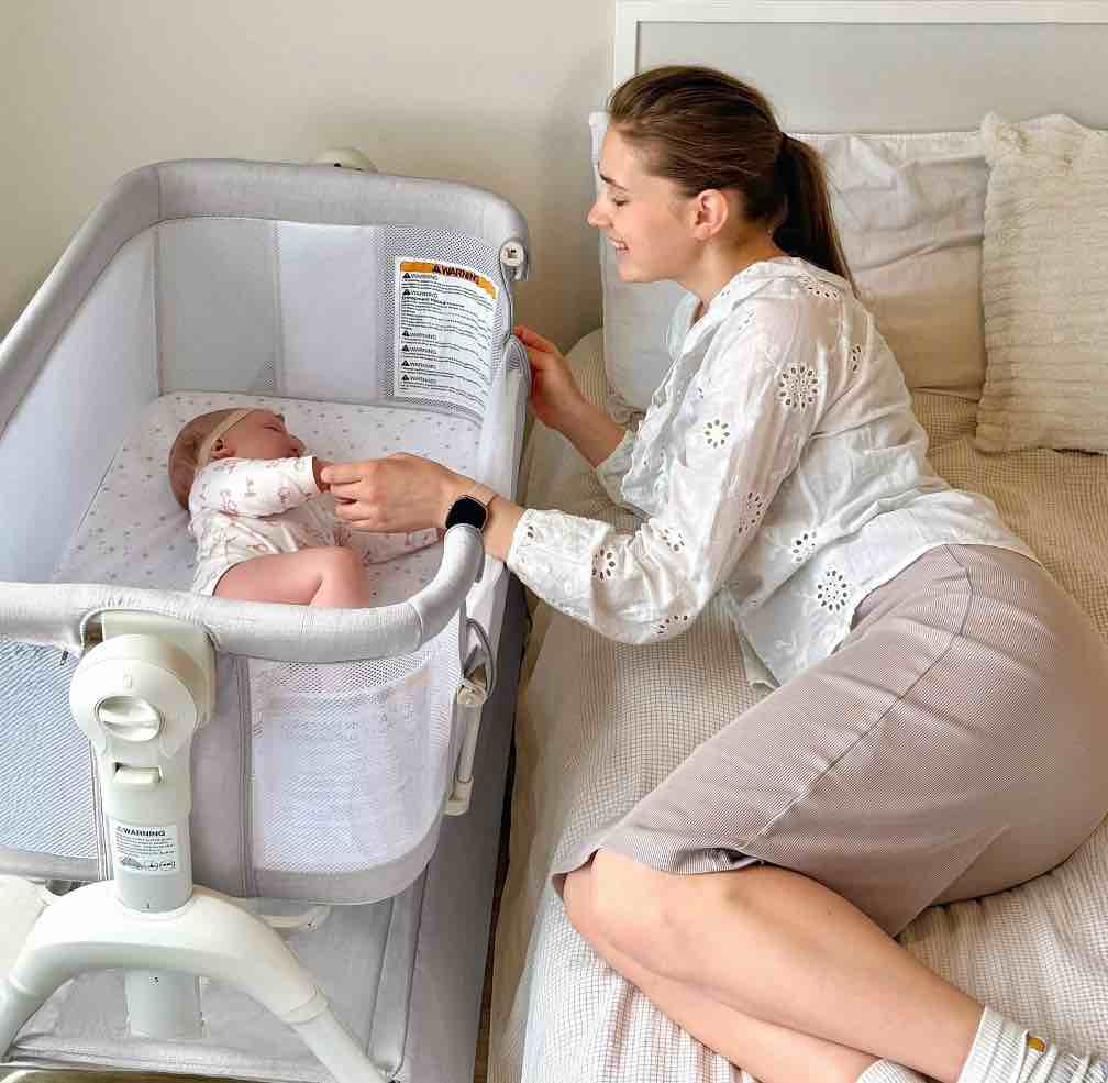 harppa baby bassinet, 3 in 1 baby bassinet bedside sleeper with rocking and adjustable height, light gray