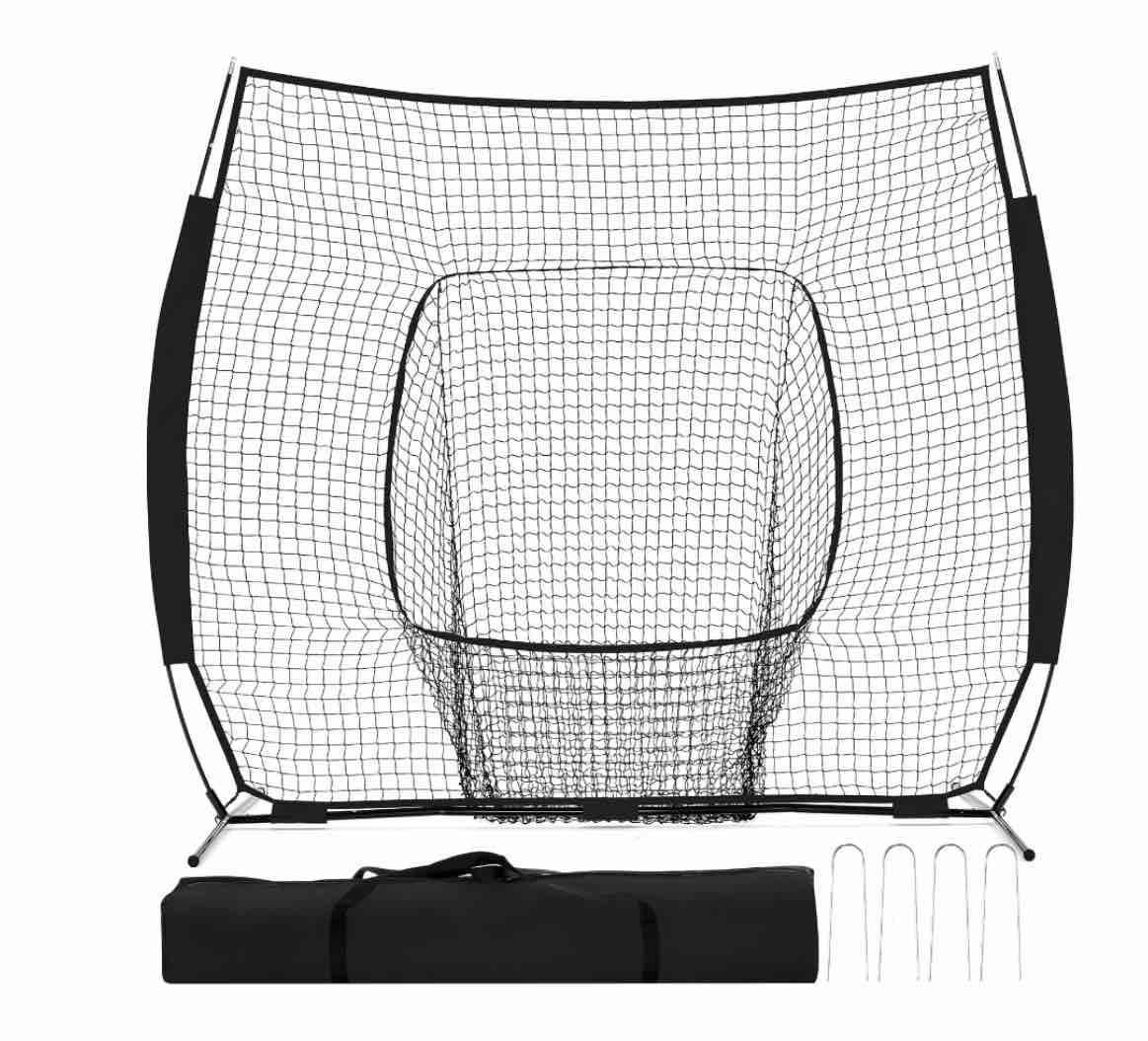 jioabl 7 ft x 7 ft baseball & softball practice net with bow frame carry bag & strike zone target for hitting pitching black