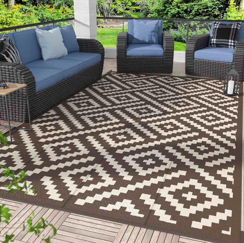 deorab outdoor rugs waterproof plastic straw mat 6 x9 reversible for rv patio deck beach coffee & beige