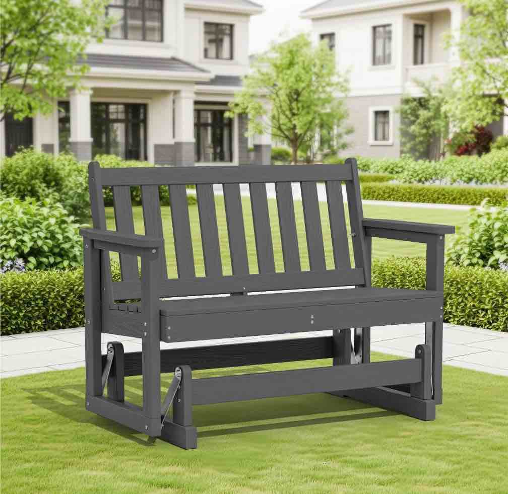 SERWALL Outdoor Glider Bench 2 Person, HDPE Material Weather-Resistant Rocking Chair Swings for Patio Porch Garden, Gray