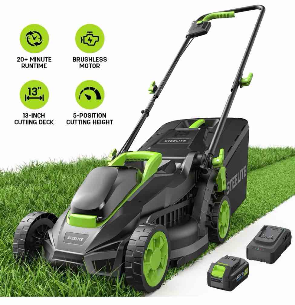 steelite 13-inch cordless lawn mower, 21v electric lawn mowers with brushless motor for garden,5 heights adjustment, 4.0ah battery & charger included