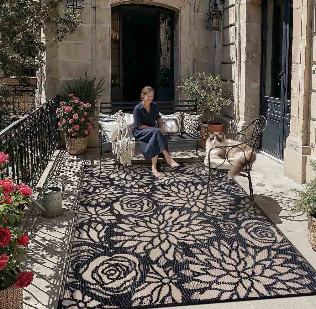 berthmeer 9 x12 flowers brown black outdoor plastic straw reversible rugs?waterproof patio carpets for deck?camping?beach?picnic?porch?garden and balcony