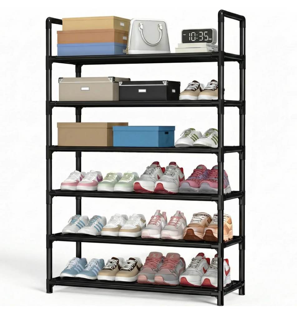 krpimt 6-tier shoe rack, 31.5" stackable shoe organizer storage holds 18-24 pairs, metal shoe shelf for entryway hallway and closet, black