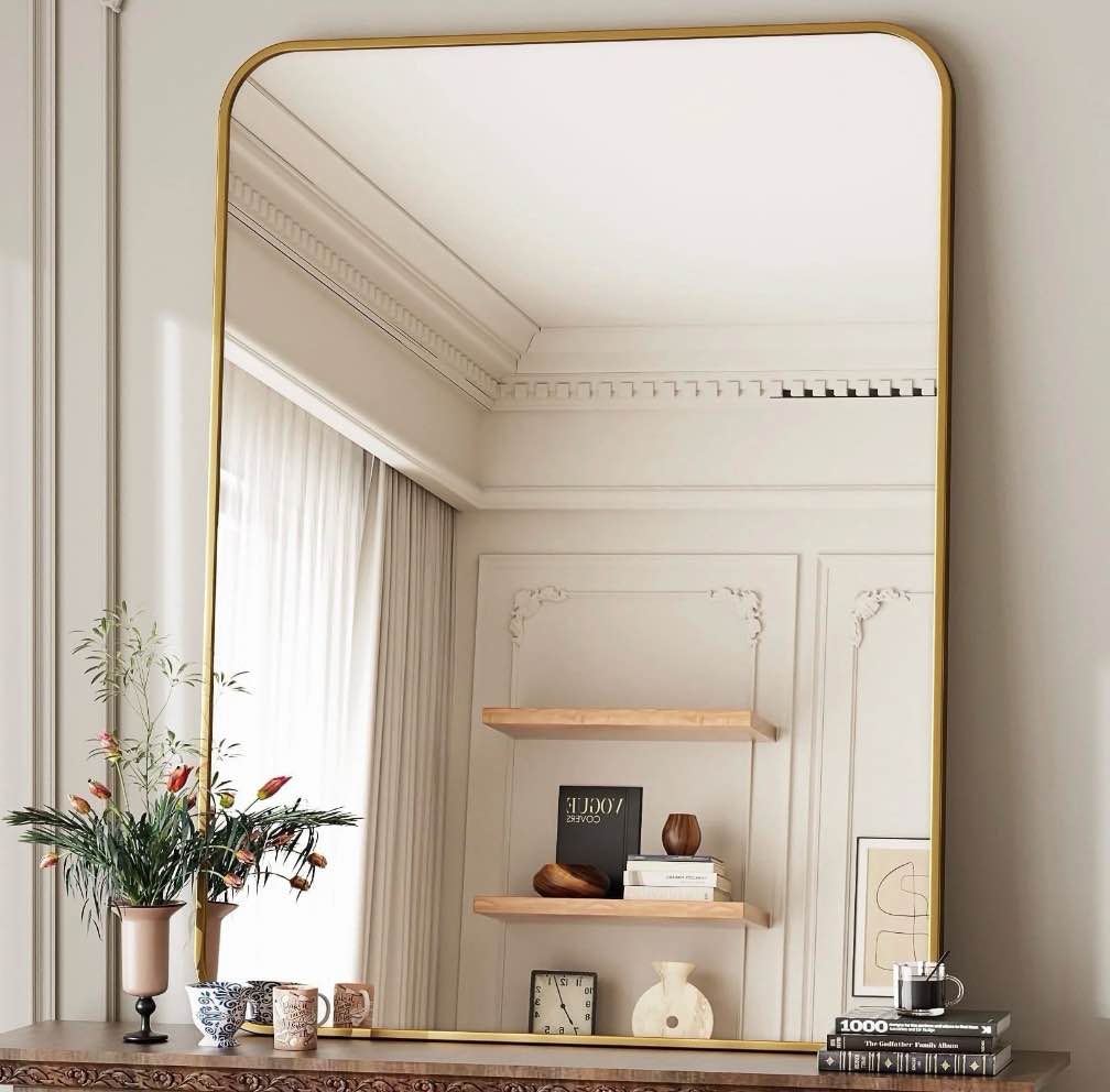 beautypeak 30"x40" wall mirror rounded corners hanging vanity mirror gold
