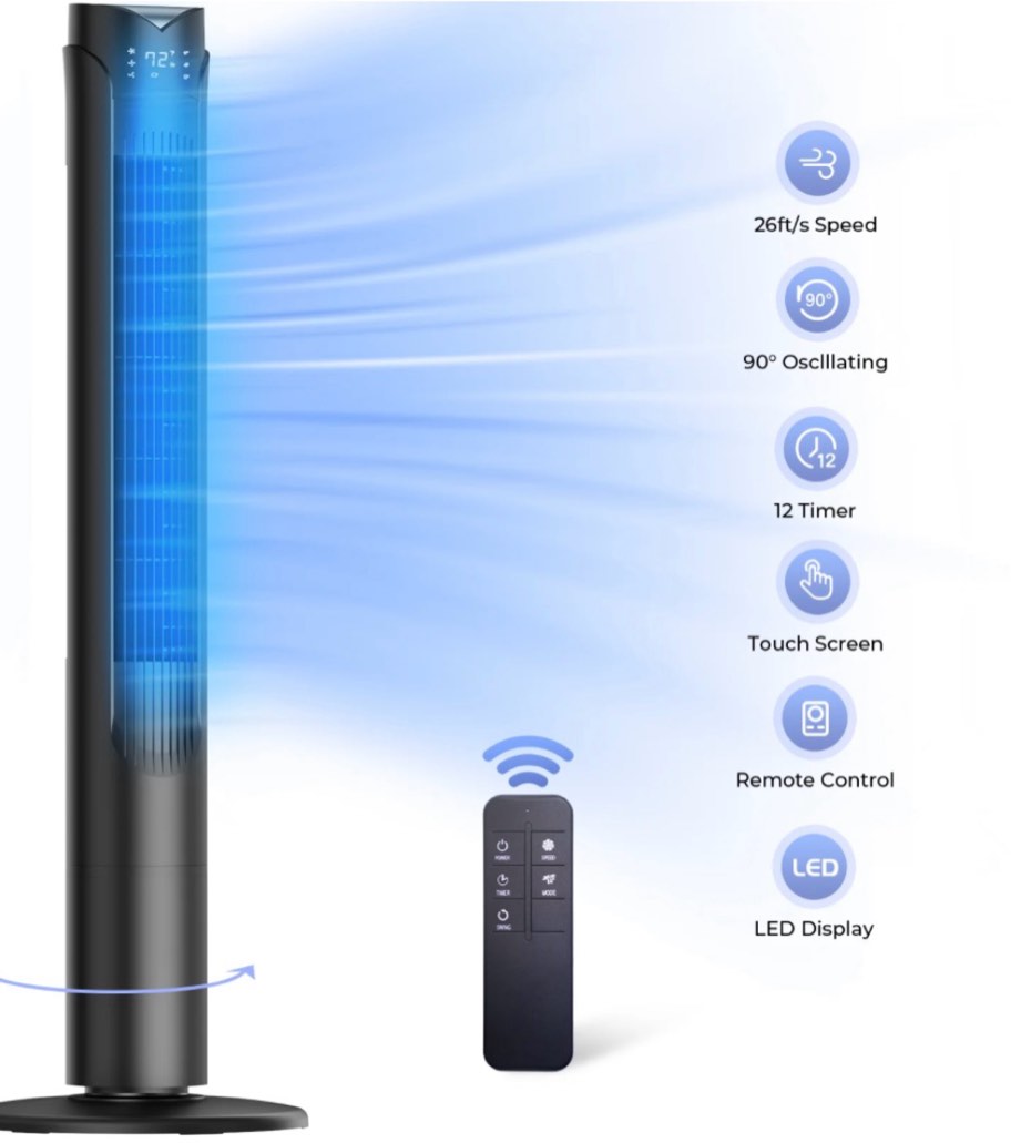 41  Tower Fan with Remote  90° Oscillating Fans with 3 Speeds  3 Modes  26 ft/s High Velocity  LED Display  12H Timer  For Home  Living Room  Office