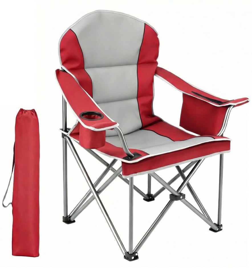 EDX Heavy Duty Camping Chair 500 lb Capacity, Oversized Extra Wide for Adults, Padded High Back Folding Lawn Chair, 500 lbs Steel Frame, Portable Outdoor Camping Chair with Cup Holder, Red Gray