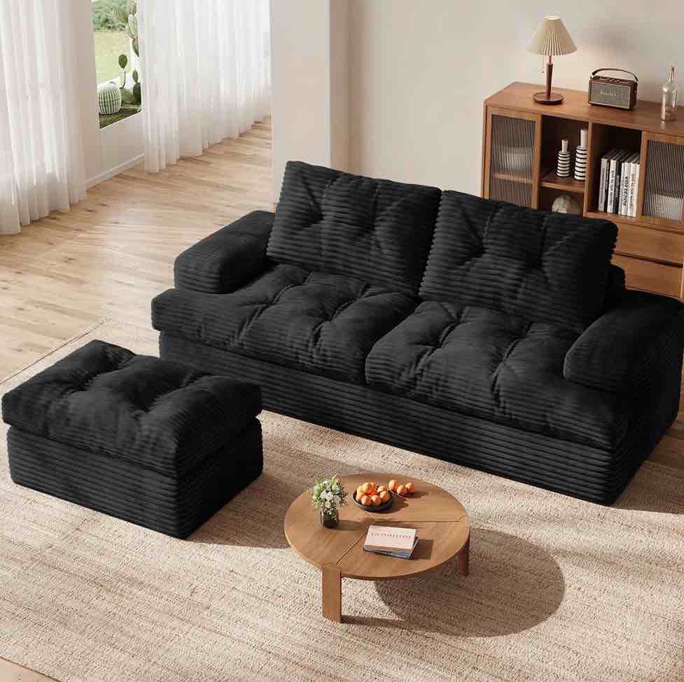 85" Modular Sectional Sofa for Living Room, L-Shaped Corduroy Cloud Couch with Ottoman, Two-Layer Cushion, No Assembly Boneless Sofa, Black