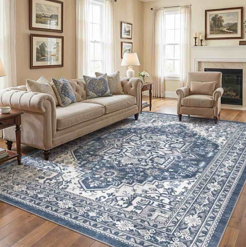 UERMEI 9x12 Washable Area Rugs for Living Room  Modern Vintage Printed Rug  Vacuum-Friendly  Non Slip Indoor Rug for Bedroom Dining Room Home Decor Carpet  Blue