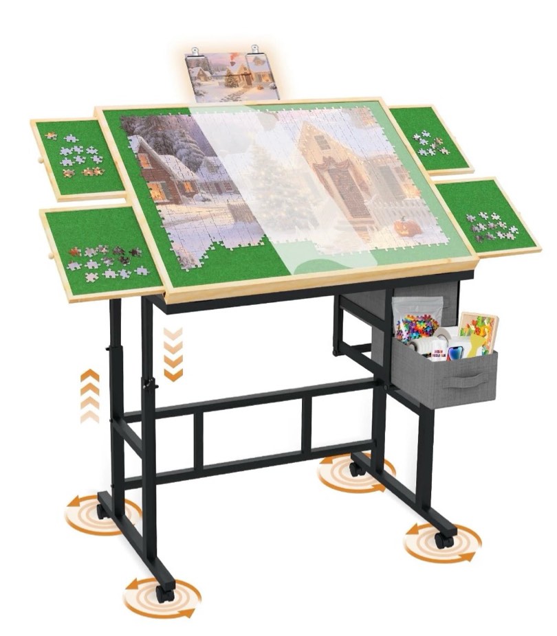 Jigsaw Puzzle Table for Adults with 6 Drawer and Legs, 1500 Pieces Puzzle Table with Protective Cover&Wheels, Adjustable Height and Five up Angles, Natural&Green