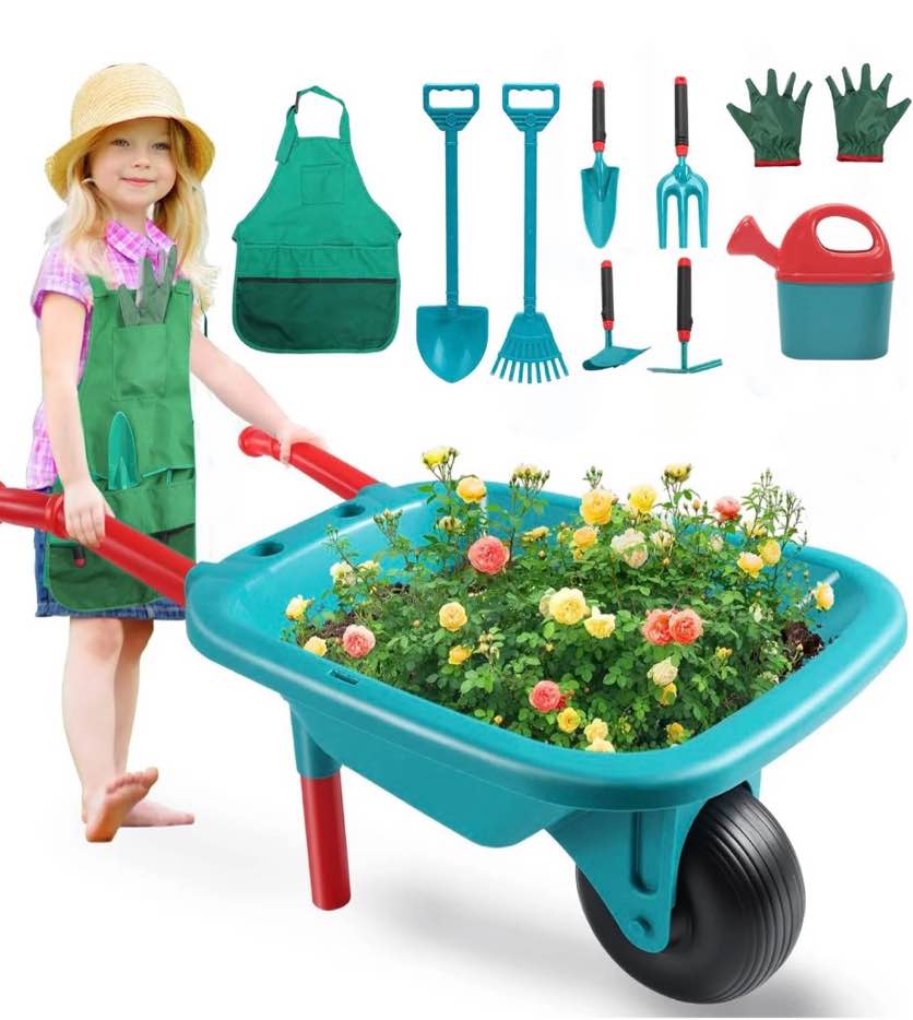 JoyStone Kids Gardening Tool Set with Wheelbarrow, Watering Can, Gloves, Shovel, Rake, Apron, Durable Plastic, Ages 3-6