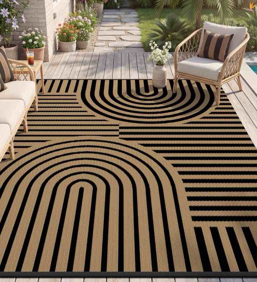 VUNATE Outdoor Rug Carpet 9'x12' Waterproof Reversible Patio Rug Portable Boho Indoor Outdoor Rug Plastic Straw Rug for Beach RV Camping Garden Picnic Deck Backyard Modern Porch Decor Black and Brown