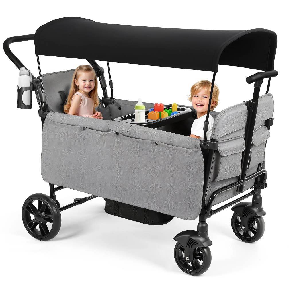 Vomeast Wagon Stroller for Kids,Spacious 2-Seater Stroller Wagon with Adjustable Canopy,Pull & Push Handle,5-Point Harness,Foldable for Toddlers, Grey