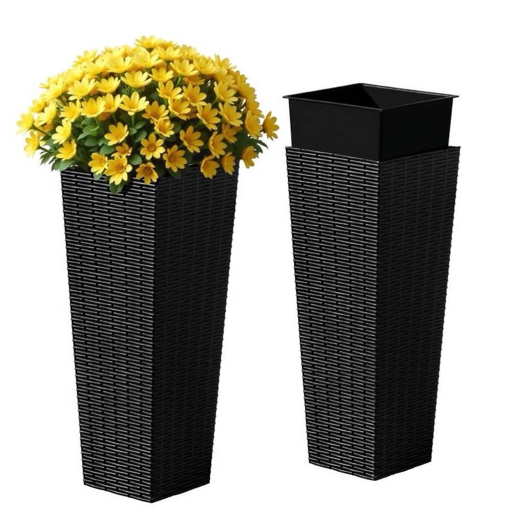 homall 2-pack 24" tall outdoor plastic planters with inside pots, rattan - patterned for patio decor