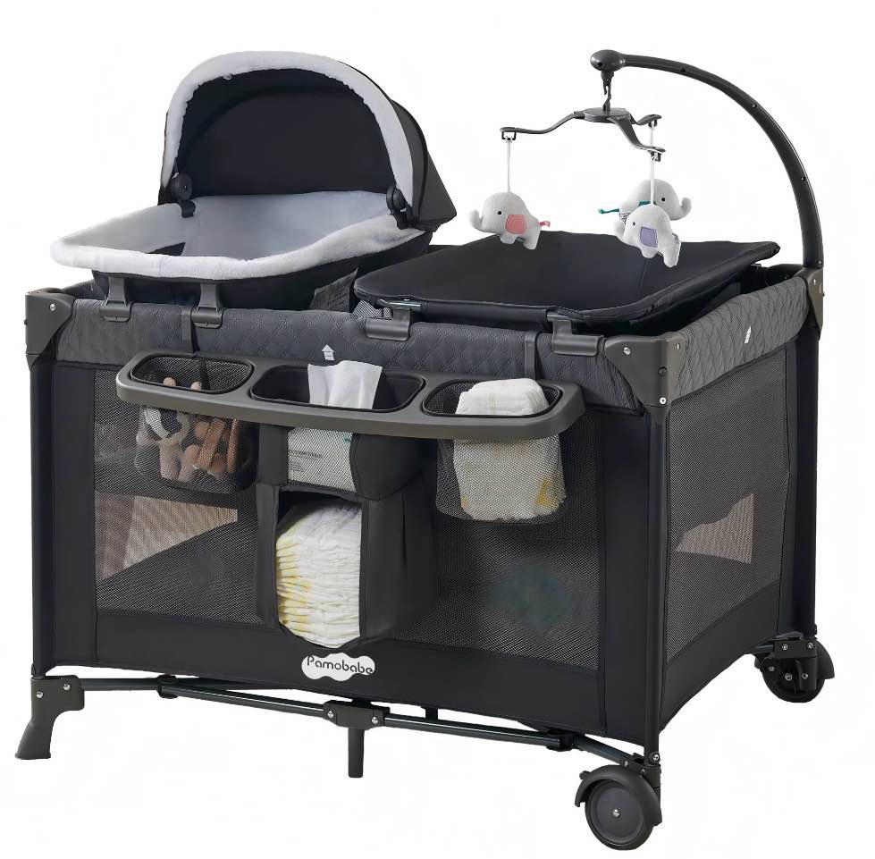 pamo babe 4-in-1 baby playard with bassinet & changing table for newborn,grey
