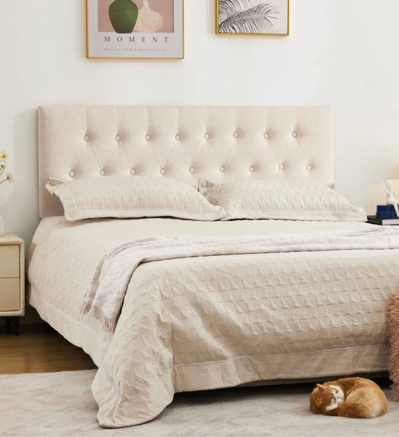 jonpony tufted upholstered headboard queen size, solid wood head board with  adjustable height  headboard from 37" to 51",bed frame adapters,beige,headboard only
