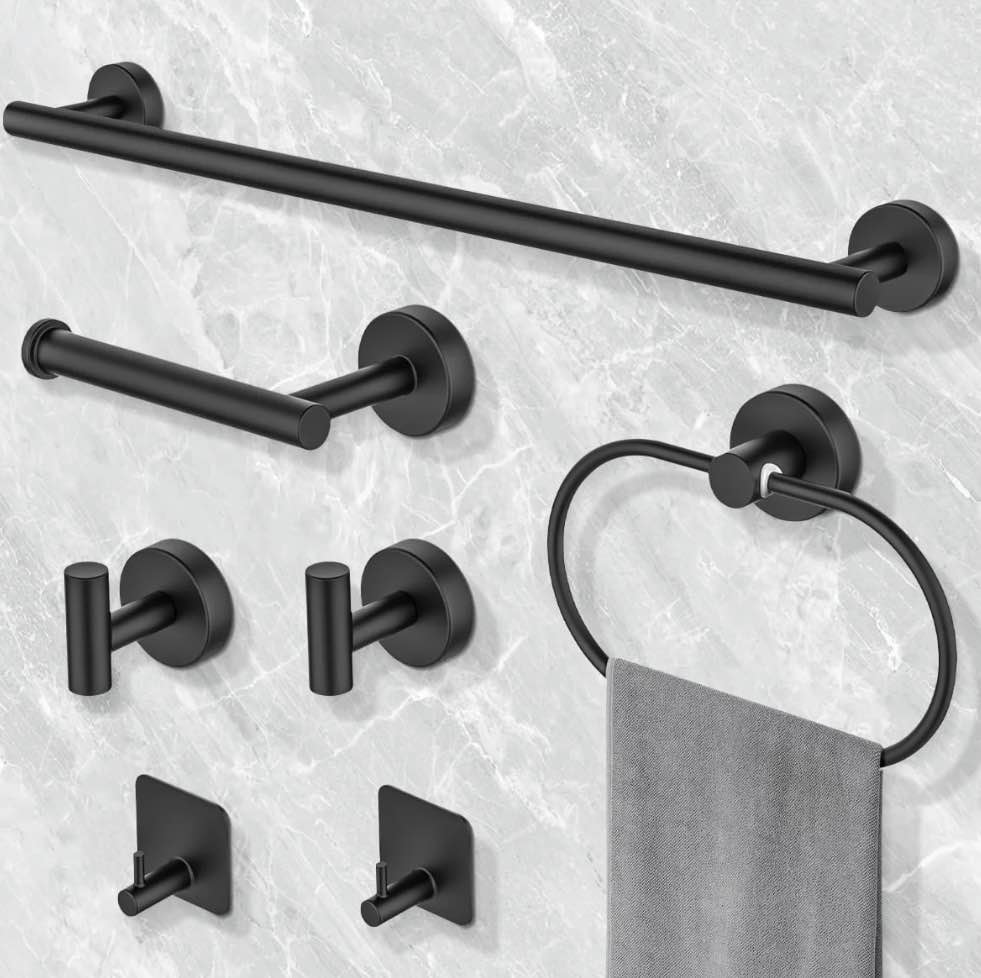 7 pieces bathroom hardware set, bathroom accessories set includes 24" towel bar, toilet paper holder, towel ring, robe hook, matte black & 304 stainless steel, wall mounted bathroom towel rack set