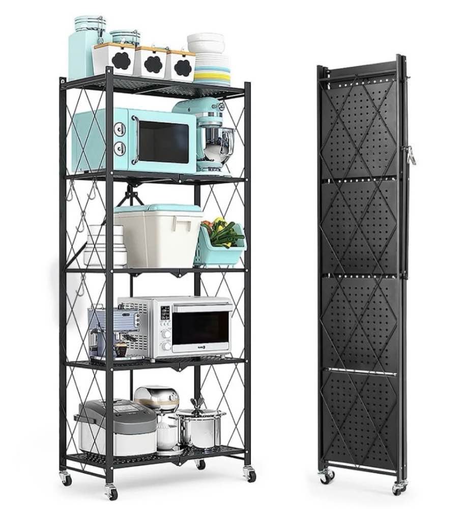 cookcok 5-tier storage shelving unit metal shelf 27.9 x13.4 x62.5 foldable storage shelf with wheels garage shelf metal storage rack kitchen shelf with 4 hooks no assemble require