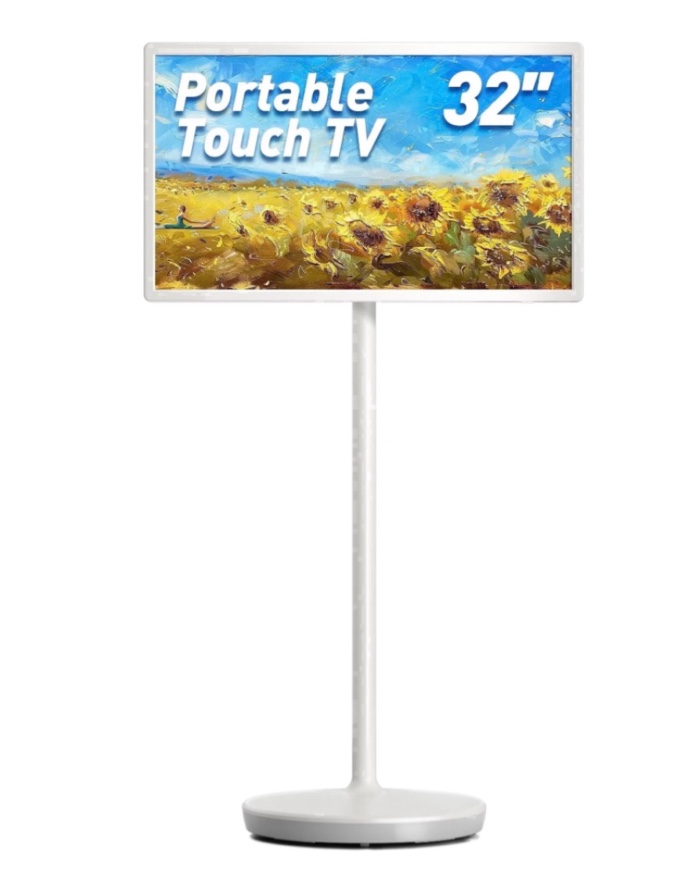 32-Inch Portable TV with Touch Screen  6GB RAM + 128GB Storage  1080P Full HD Portable Monitor with Built-in 8-Hour Battery  Android 13 OS  Rolling TV on Wheels  Remote Control