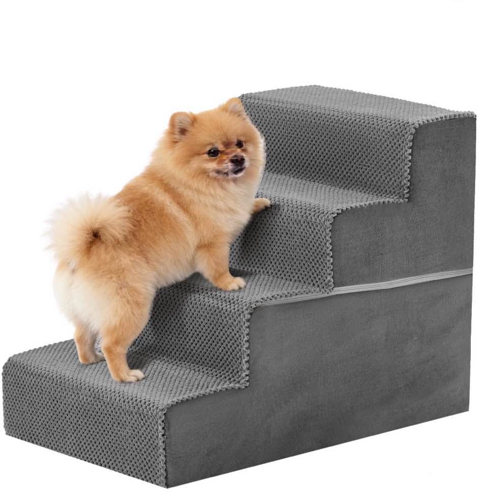 shouftw 4-step right angle pet stairs ramp, high-density foam dog cat steps, non-slip indoor ladder for couch, high beds, sofa, gray